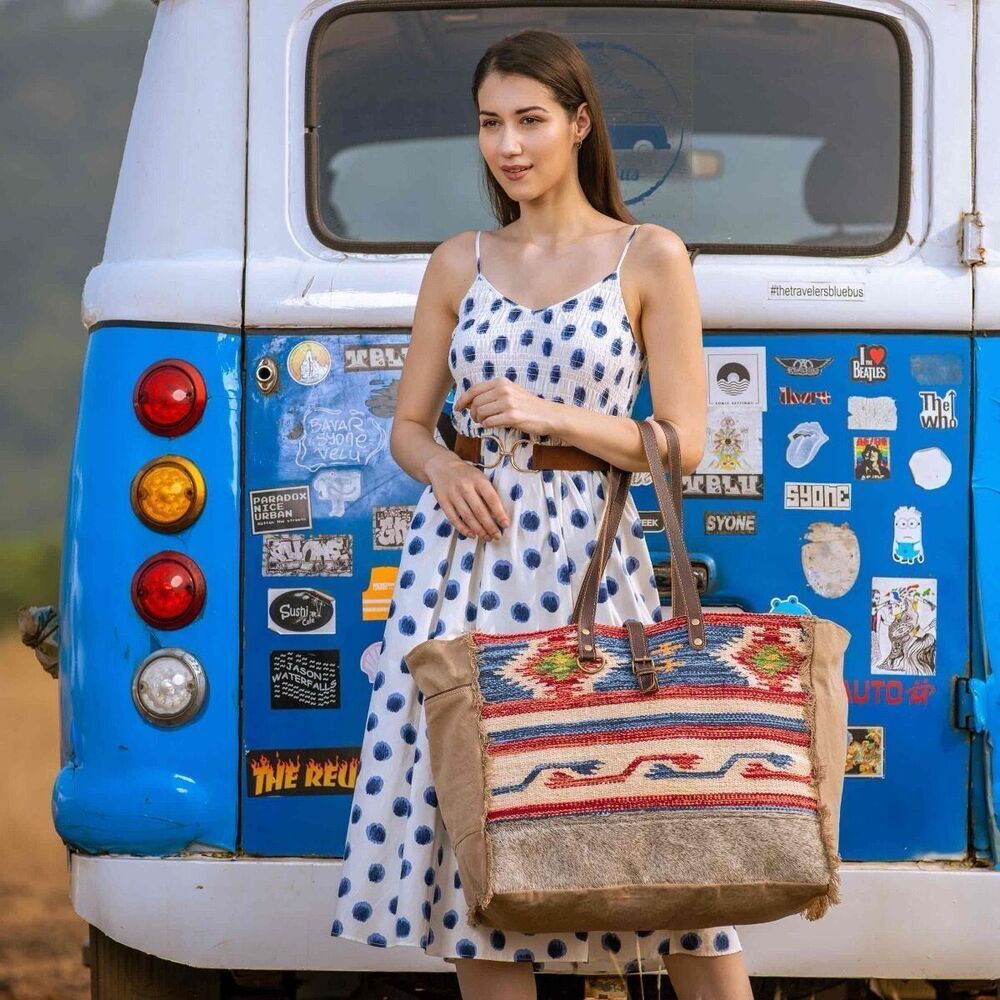 Myra Bag Handmade Wild Weekender Bag Upcycled Canvas & Cowhide Leather